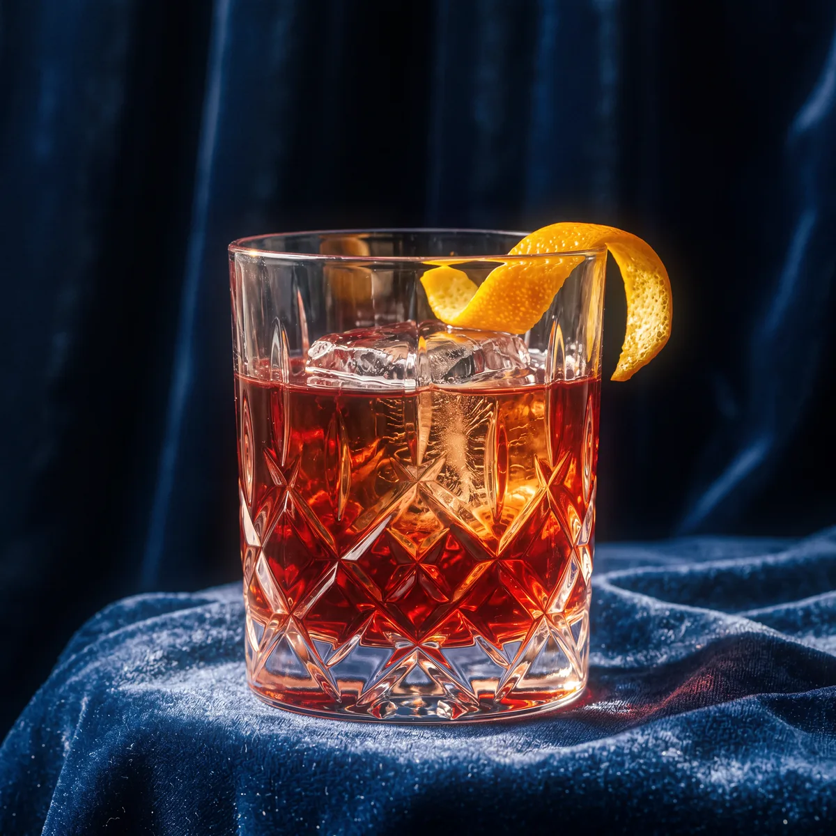 The Conte Camillo Negroni over one oversized cube, orange twist, on blue velvet